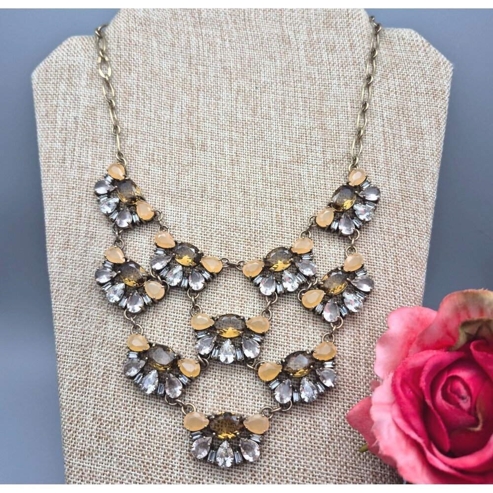 NWT J.Crew Gold Tone Statement  Necklace Amber Honey Color & Clear Stones 19"